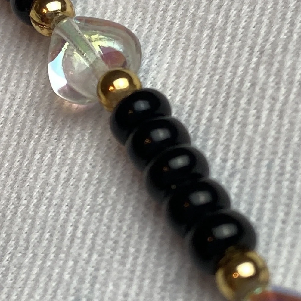 Vintage 90s Onyx and Iridescent Crystal Heart Anklet with Golden Bead Separators